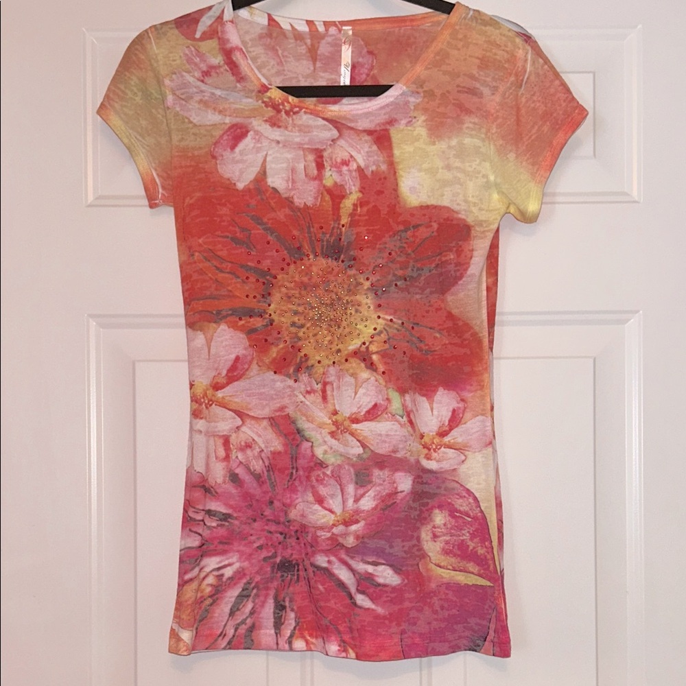 Umgee Floral Tissue Top M Orange/Pink Slim Fit Y2K Colorful Embellished